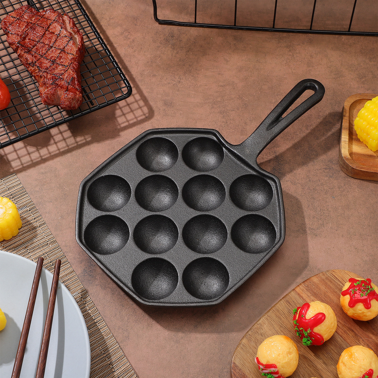 Takoyaki Grill Plate - 12 Molds Takoyaki Pan Cast Iron